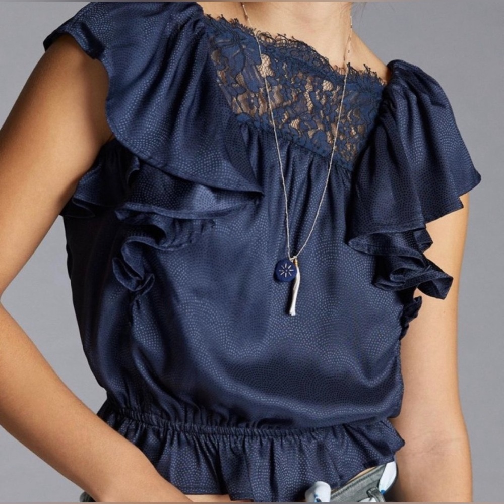 Anthropologie Porridge Clothing Ruffle Lace Navy Blouse NWT